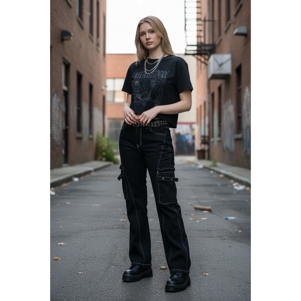 Y2K🖤 Hot Topic🤑Black Cargo‎ Pants White Stitching Goth Emo Grunge Baggy 30x32